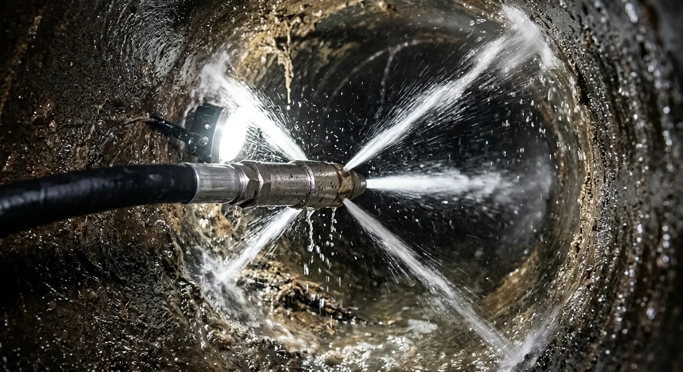 High-pressure hydro jetting nozzle cleaning sewer pipe for Emergency Drain Service in Minnetonka