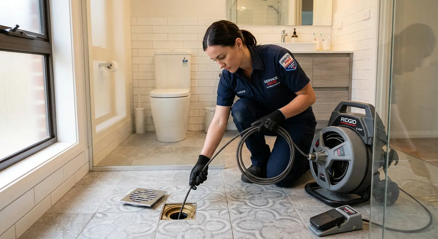 Technician clearing a bathroom floor drain for Drain Repair in Minnetonka